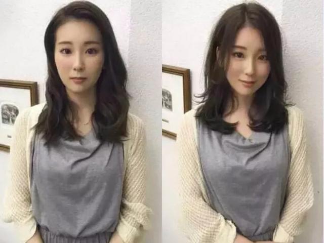 中长发的发尾内扣突出下巴，二八分的刘海还能让脸显小