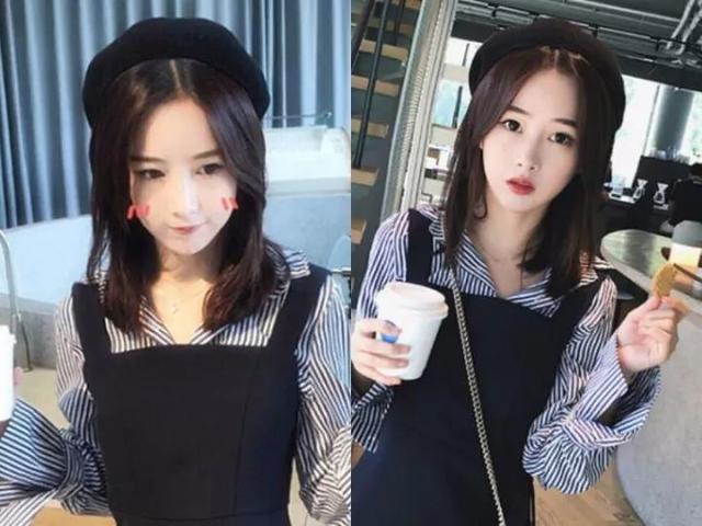 中长发的发尾内扣突出下巴，二八分的刘海还能让脸显小