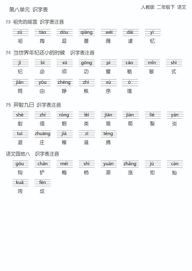 第八单元字词汇总，二年级下册，可直接打印