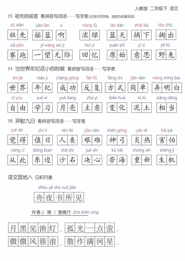 第八单元字词汇总，二年级下册，可直接打印